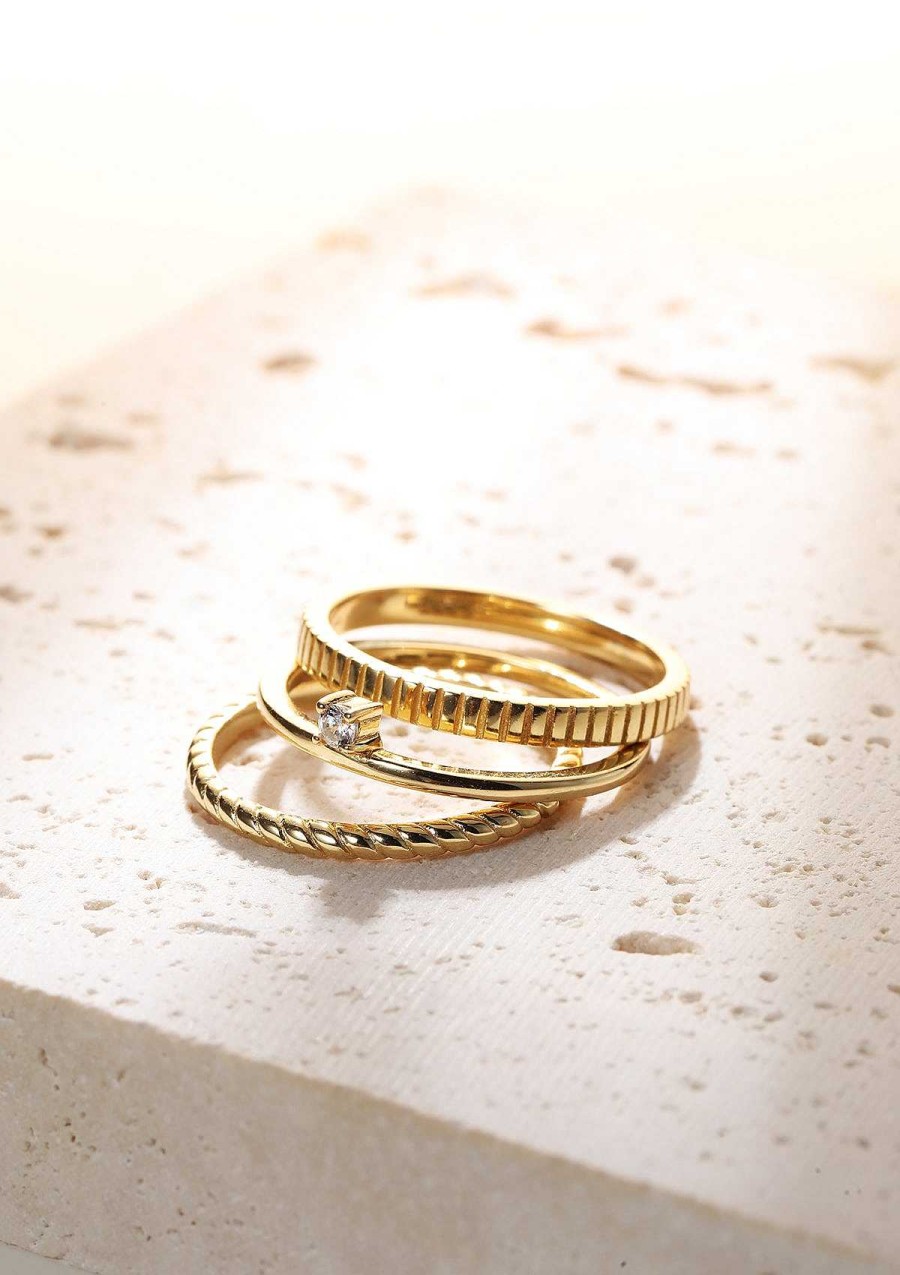 Ringe Hey Happiness | 3Er Set Strukturierte Ringe Sterlingsilber In Gold