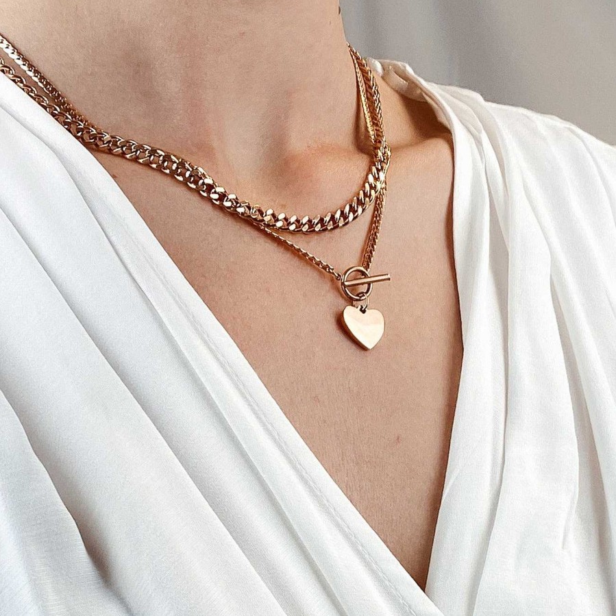 Layering Schmuck Hey Happiness | Layering Set Panzerkette Und Herz Kette Rose Gold