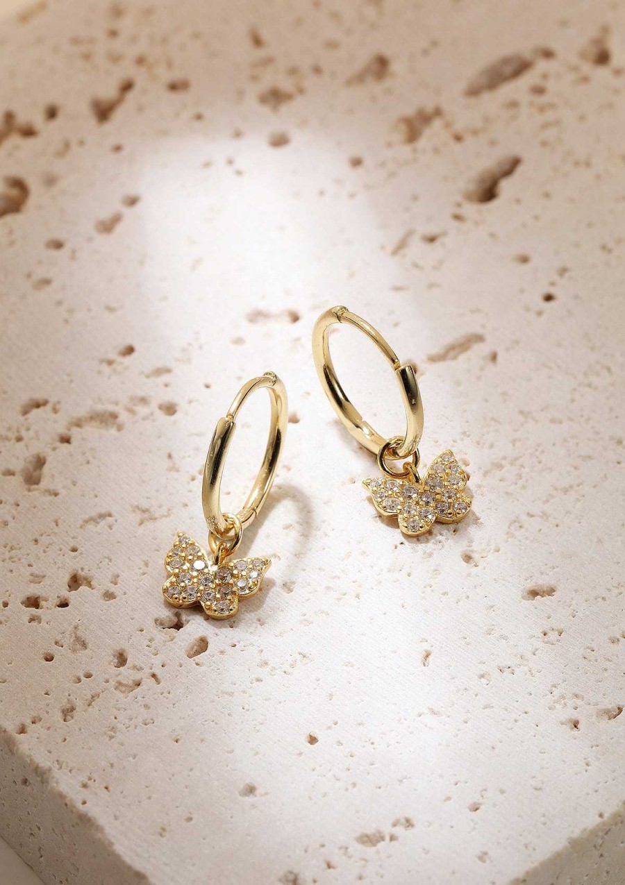 Ohrringe Hey Happiness | Butterfly Charm Hoop Earrings Sterling Silver Gold